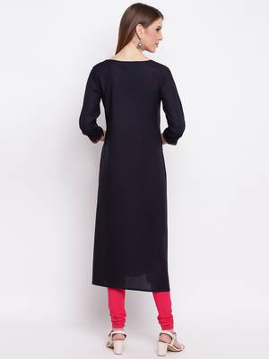 Women's Mashion Embroidered Straight Rayon Navy Blue Kurti 2