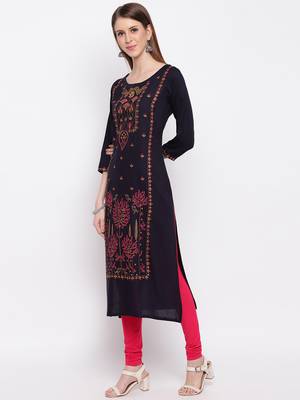 Women's Mashion Embroidered Straight Rayon Navy Blue Kurti 3