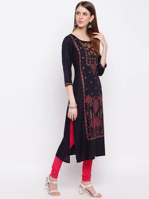 Women's Mashion Embroidered Straight Rayon Navy Blue Kurti 4