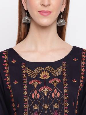 Women's Mashion Embroidered Straight Rayon Navy Blue Kurti 5