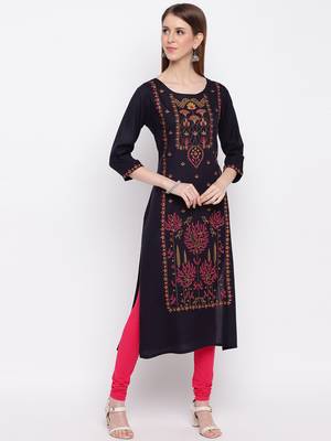 Women's Mashion Embroidered Straight Rayon Navy Blue Kurti 6
