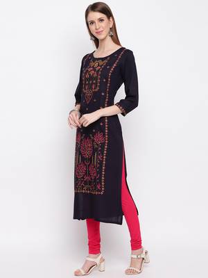 Women's Mashion Embroidered Straight Rayon Navy Blue Kurti 7