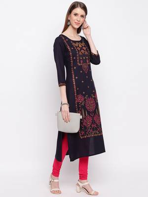 Women's Mashion Embroidered Straight Rayon Navy Blue Kurti 8