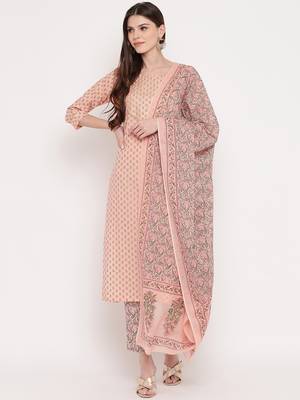 Women'S Foil Print & Gota Patti Work Straight Cotton Peach Kurta,Pant & Dupatta 9