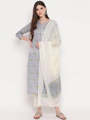 Women'S Floral Print & Gota Patti Work Straight Cotton Lavender Kurta,Pant & Dupatta 1