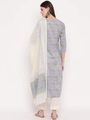 Women'S Floral Print & Gota Patti Work Straight Cotton Lavender Kurta,Pant & Dupatta 2