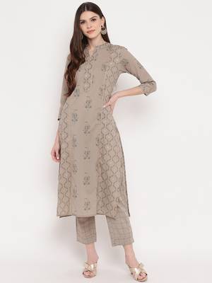 Women's Foil Print & Gota Patti Work Straight cotton Grey Kurti With Pant Set 1