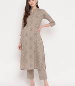 Women's Foil Print & Gota Patti Work Straight cotton Grey Kurti With Pant Set