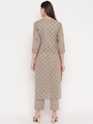 Women's Foil Print & Gota Patti Work Straight cotton Grey Kurti With Pant Set 2
