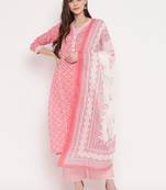 Women's Floral Print Straight cotton Light Pink Kurta,Palazzo& Dupatta