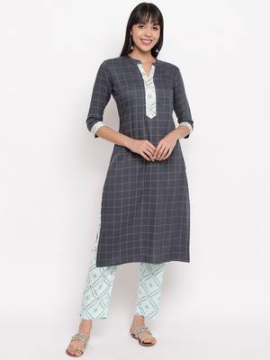 Women'S Checked Print & Gota Patti Work Straight Rayon Aqua Blue Kurti With Pant Set 1