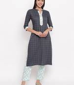 Women'S Checked Print & Gota Patti Work Straight Rayon Aqua Blue Kurti With Pant Set