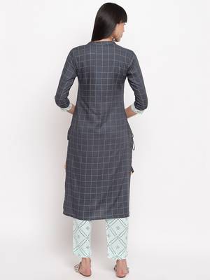 Women'S Checked Print & Gota Patti Work Straight Rayon Aqua Blue Kurti With Pant Set 2