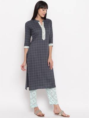 Women'S Checked Print & Gota Patti Work Straight Rayon Aqua Blue Kurti With Pant Set 4