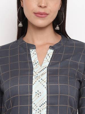 Women'S Checked Print & Gota Patti Work Straight Rayon Aqua Blue Kurti With Pant Set 5