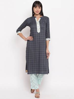 Women'S Checked Print & Gota Patti Work Straight Rayon Aqua Blue Kurti With Pant Set 7