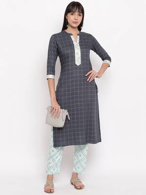 Women'S Checked Print & Gota Patti Work Straight Rayon Aqua Blue Kurti With Pant Set 8