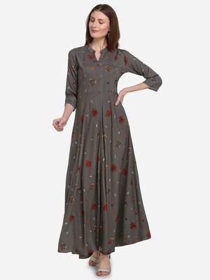 Women's Forest Green Rayon Foli Printed Flared Designer Kurta Gown 1