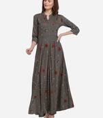 Women's Forest Green Rayon Foli Printed Flared Designer Kurta Gown