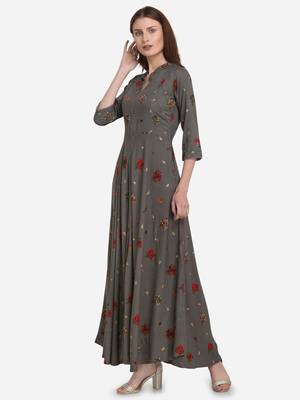 Women's Forest Green Rayon Foli Printed Flared Designer Kurta Gown 2
