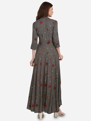 Women's Forest Green Rayon Foli Printed Flared Designer Kurta Gown 3