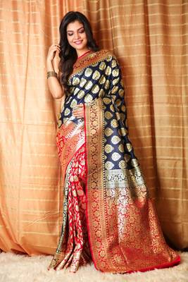 Dark blue woven silk blend saree with blouse 1