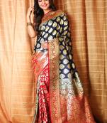 Dark blue woven silk blend saree with blouse