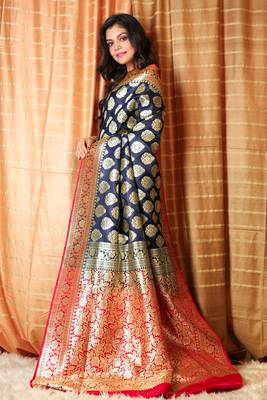 Dark blue woven silk blend saree with blouse 2