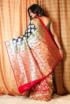 Dark blue woven silk blend saree with blouse 3