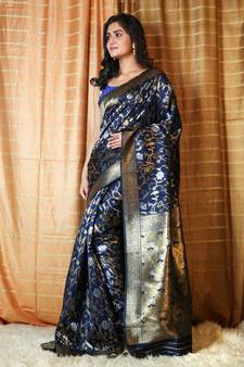 Blue woven silk blend saree with blouse