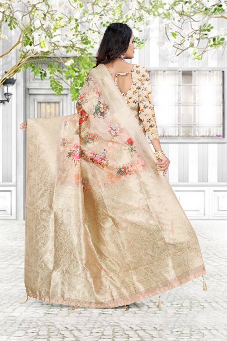chitrakshi pink organza linen printed saree with blouse