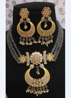 Grey Brass Meenakari Beaded Necklace Set with Earrings 1
