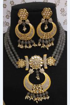 Grey Brass Meenakari Beaded Necklace Set with Earrings