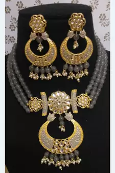 Grey Brass Meenakari Beaded Necklace Set with Earrings