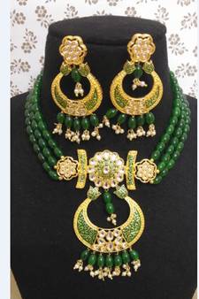 Green Brass Meenakari Beaded Necklace Set with Earrings