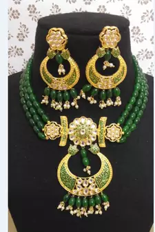 Green Brass Meenakari Beaded Necklace Set with Earrings