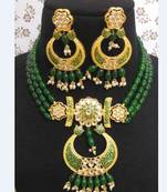 Green Brass Meenakari Beaded Necklace Set with Earrings
