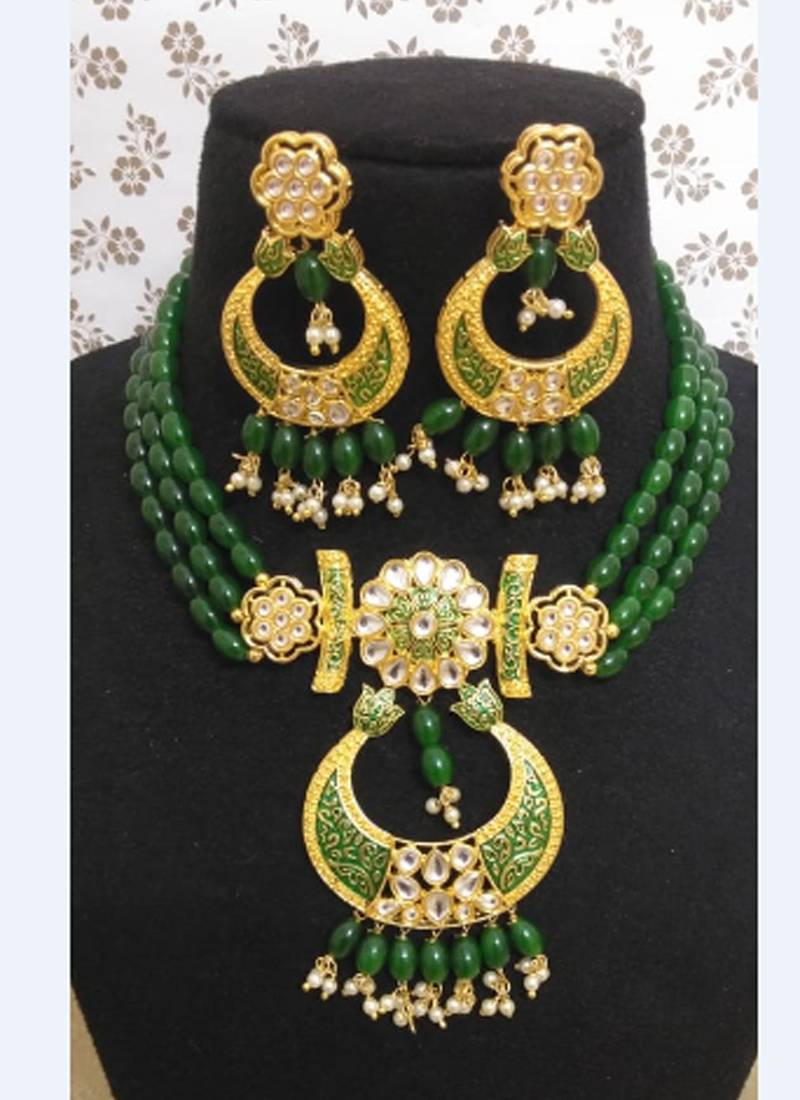 Green Brass Meenakari Beaded Necklace Set with Earrings
