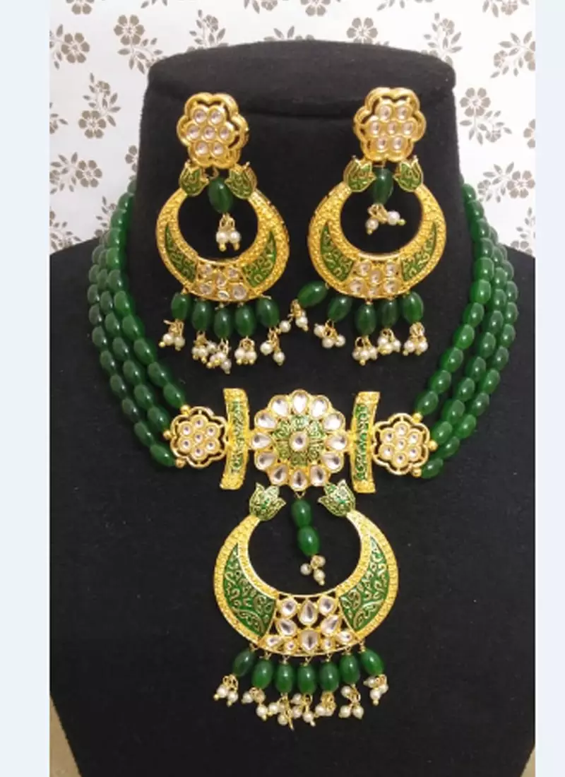 Green Brass Meenakari Beaded Necklace Set with Earrings