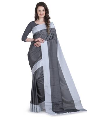 Grey printed poly silk saree with blouse 1