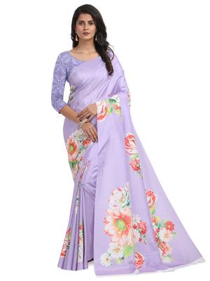 Lavender printed poly silk saree with blouse 1