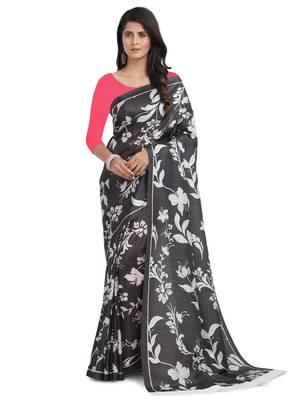 Black printed poly silk saree with blouse 1