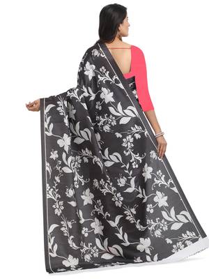 Black printed poly silk saree with blouse 2
