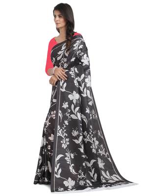 Black printed poly silk saree with blouse 3