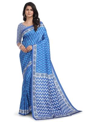 Blue printed poly silk saree with blouse 1