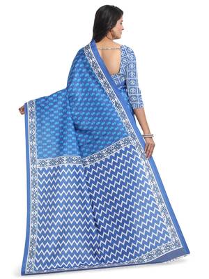 Blue printed poly silk saree with blouse 2