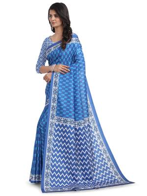 Blue printed poly silk saree with blouse 3