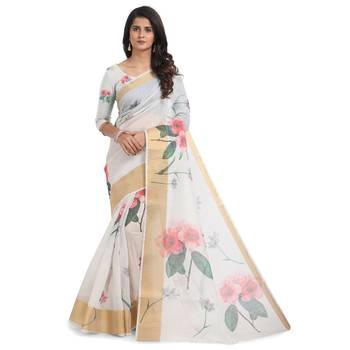 White printed chanderi saree with blouse 1
