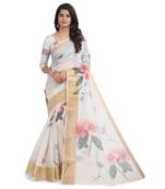 White printed chanderi saree with blouse