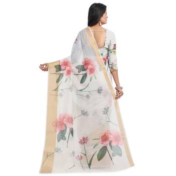 White printed chanderi saree with blouse 2